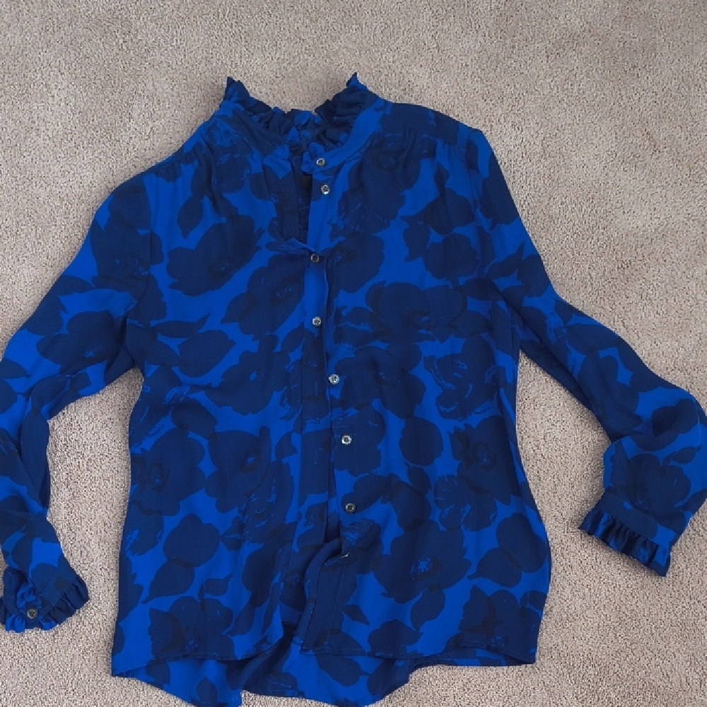 JCrew 100% Silk Size 6 Royal Blue Floral Button-Up Blouse